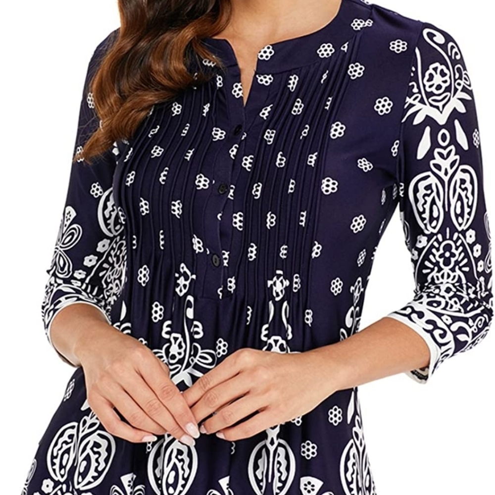 Purple Floral 3/4 Sleeve Flowy Tunic Blouse